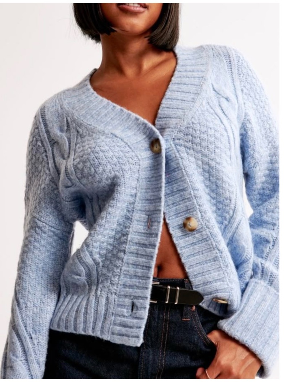 Abercrombie & Fitch Chunky Cable Knit V-Neck Cardigan Sweater Blue Medium